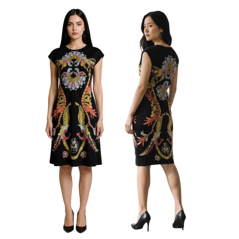 Eva Varro Black Phoenix Print Sheath Dress Women's Small Bohemian Maximalist